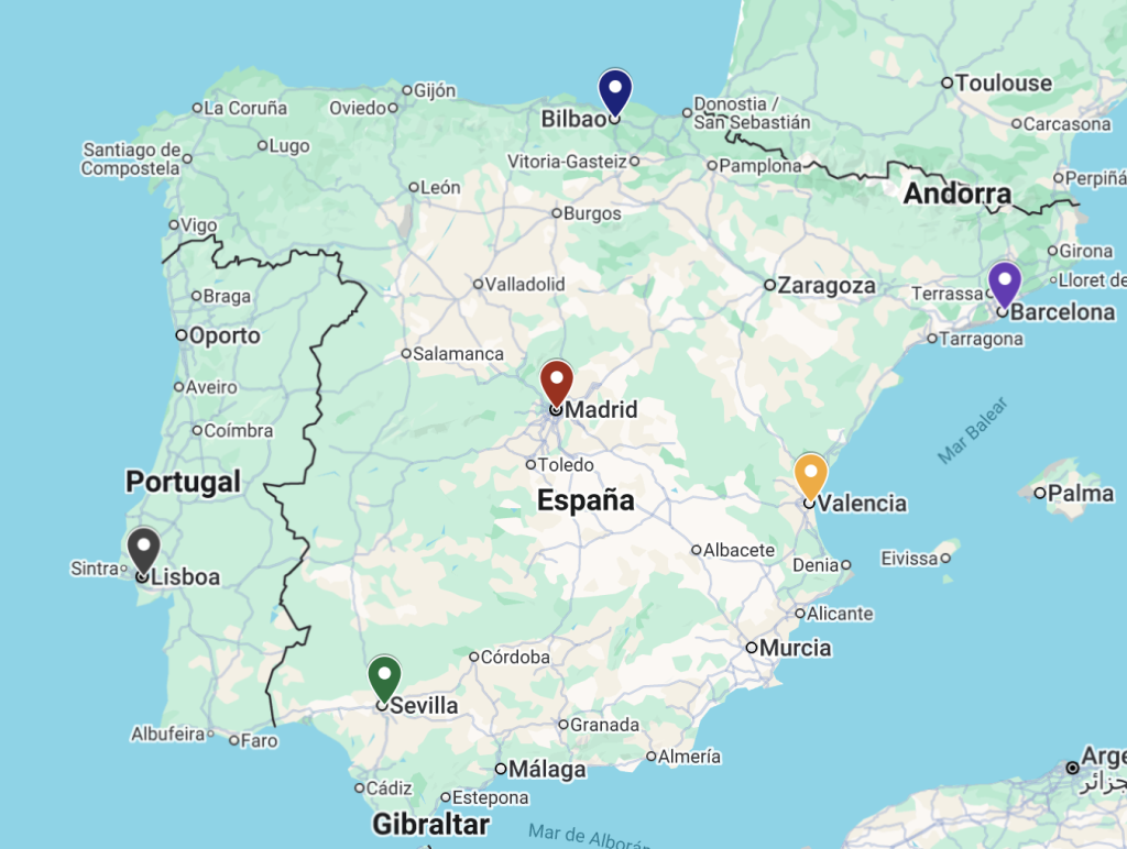 Red de oficinas New Law Partners: Bilbao, Madrid, Barcelona, Valencia, Sevilla y Lisboa